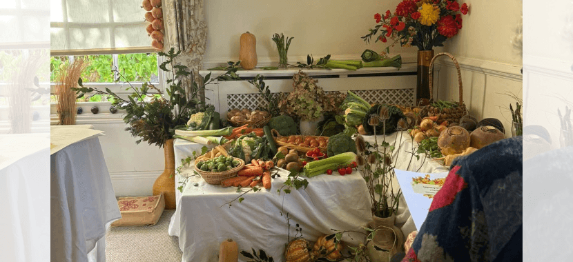 a seasonal display of fruit, vegetables and autumn flowers at the old vicarage otterton