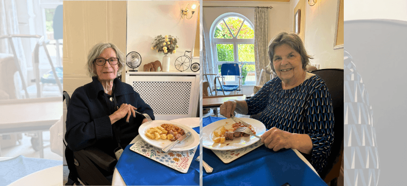 Residents enjoying a relaxed dementia-friendly lunch club at The Old Vicarage care home in Otterton.
